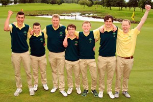 John Boylan, Adam McSweeney, Derek Byrne (Team Manager), Barry O'Sullivan Geaney, Darren Hourihan, Pierrce Dorney and Philip Quinn celebrating their AIG Junior Cup Munster Final win at Dungarvan Golf Club.  Picture: Niall O'Shea