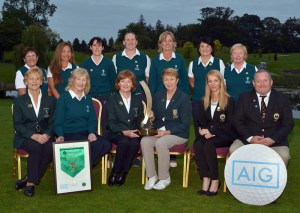 Valerie Hassett (President, ILGU) with the Lee Valley Team winners of the Intermediate Cup at the 2015 AIG Ladies Cups and Shields Finals at Knightsbrook Golf Club today (25/09/2015) . Picture by Pat Cashman