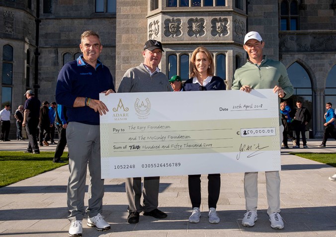 Paul McGinley and Rory McIlory pictured receiving a cheque for €250,000 from sponsor, JP McManus and Sue Ann Foley 20/4/2018