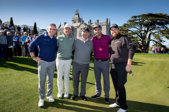 Paul McGinley, Rory McIlroy, JP McManus, Padraig Harrington and Shane Lowry after the round of golf 20/4/2018